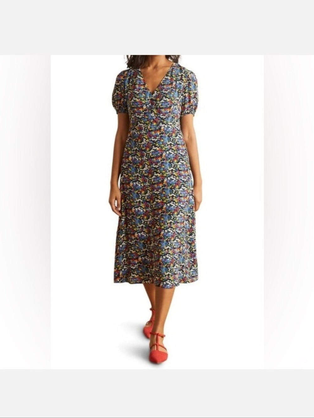 Boden Navy Blue Ditsy Floral V-Neck Midi Dress US 10L tea garden cottagecore